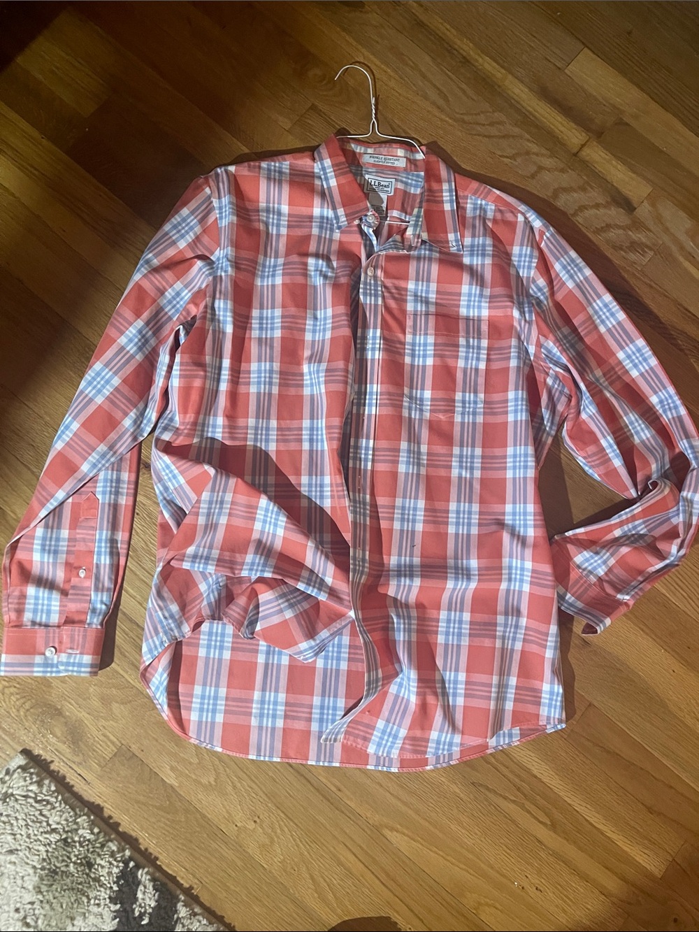 L.L. Bean Coral, White & Light Blue Plaid Button-Down Shirt